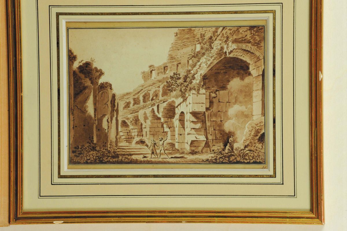 Quattro Disegni Acquarellati a Seppia con Architetture, XIX Secolo