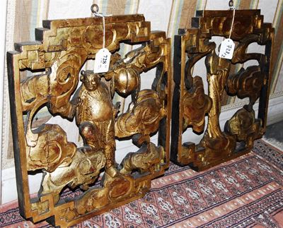 Due Pannelli in Legno Intagliato e Dorato, Cina XIX Secolo