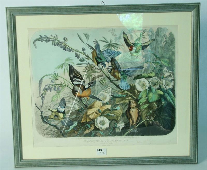 Scuola Francese della fine del XIX secolo Uccelli su rami fioriti  - Asta Asta OnLine 10-2012 - Cambi Casa d'Aste
