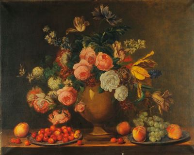 E. le Grynatura Morta con Fiori, Ciliegie, Pesche ed Uva