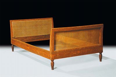 Letto Luigi XVI in Legno Intarsiato con Sponde in Paglia di Vienna, Fine XVIII Secolo