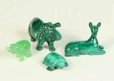 Due Animali in Malachite e uno in Vetro