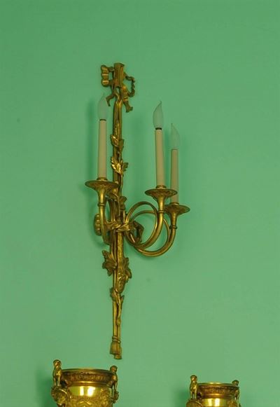 Quattro Appliques in Bronzo Dorato a Tre Luci, XX Secolo