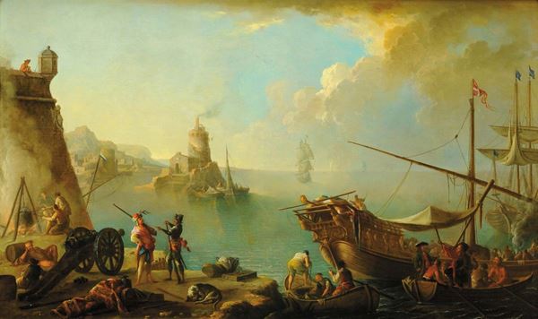 Luca Carlevaris (1663-1730), attribuito a Paesaggio costiero con figure ed imbarcazioni