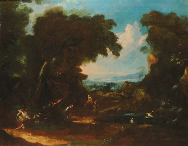 Scuola Veneta del XVIII secolo Paesaggio con cacciatori