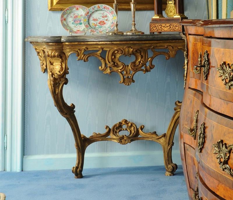 Console Luigi XV dorata a due gambe, Piemonte XVIII secolo  - Auction House Sale Villa la Femara - Cambi Casa d'Aste