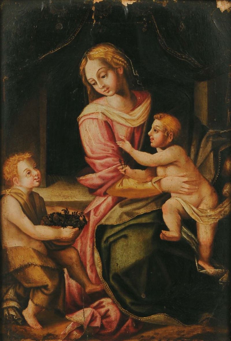 Scuola del XVII secolo Madonna col Bambino e San Giovannino  - Auction House Sale Villa la Femara - Cambi Casa d'Aste
