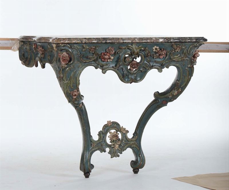 Console Luigi XV a goccia laccata a fondo azzurro Piemonte XVIII secolo  - Asta House Sale villa la Femara - Cambi Casa d'Aste