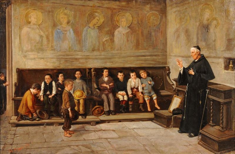 Guglielmo Napoli (XIX-XX) Lezione di catechismo, 1893  - Asta Antiquariato e Dipinti Antichi - Cambi Casa d'Aste