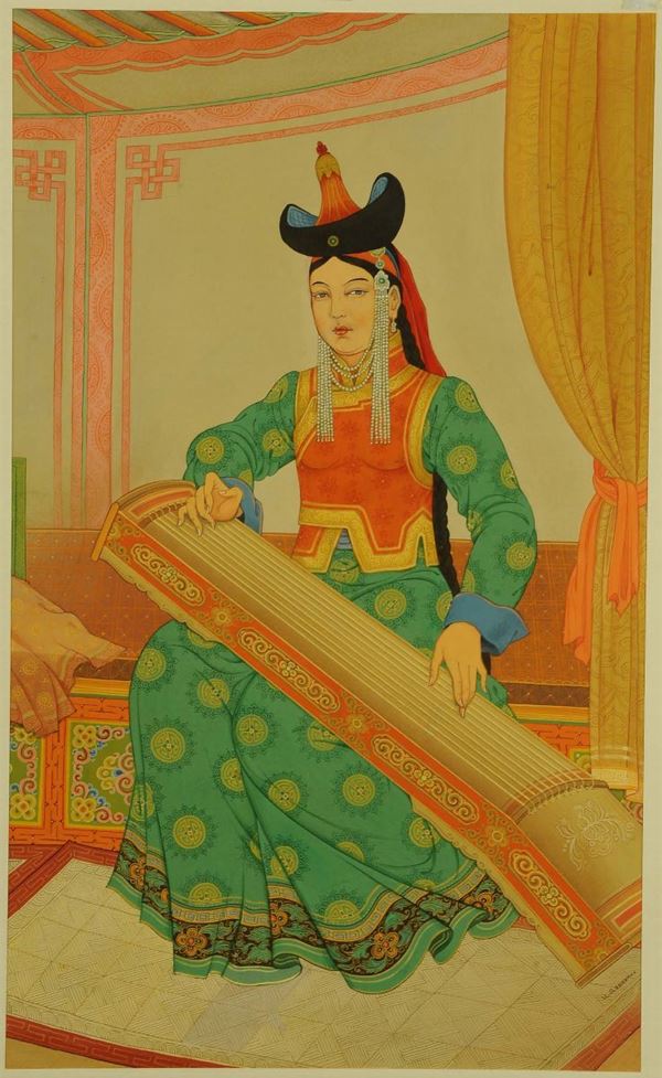 Acquerello orientale raffigurante figura femminile, Mongolia