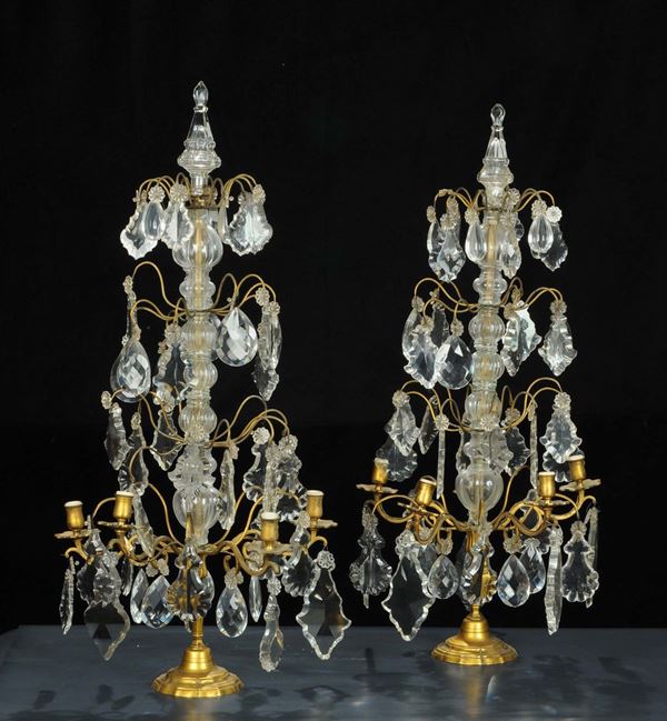 Coppia di girandoles in cristalli e metallo dorato, XIX secolo