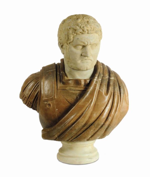 Coppia di busti in marmi policromi raffiguranti imperatori romani, XX secolo