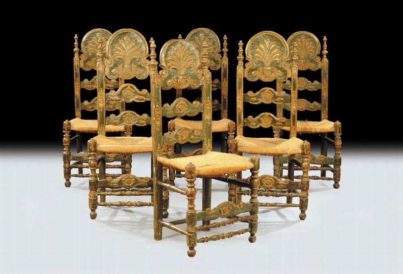 Sei sedie in legno laccato ed intagliato, Sicilia fine XIX secolo  - Asta Antiquariato e Dipinti Antichi - Cambi Casa d'Aste