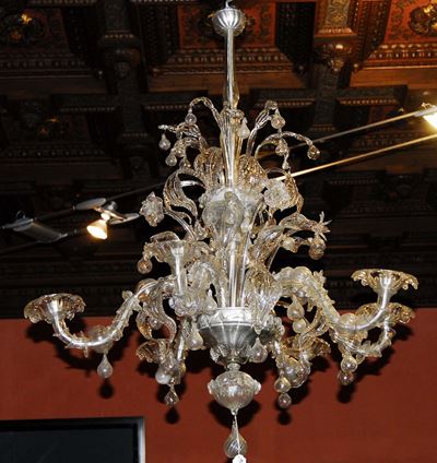 Lampadario di Murano a Sei Luci in Vetro Incolore, XX Secolo