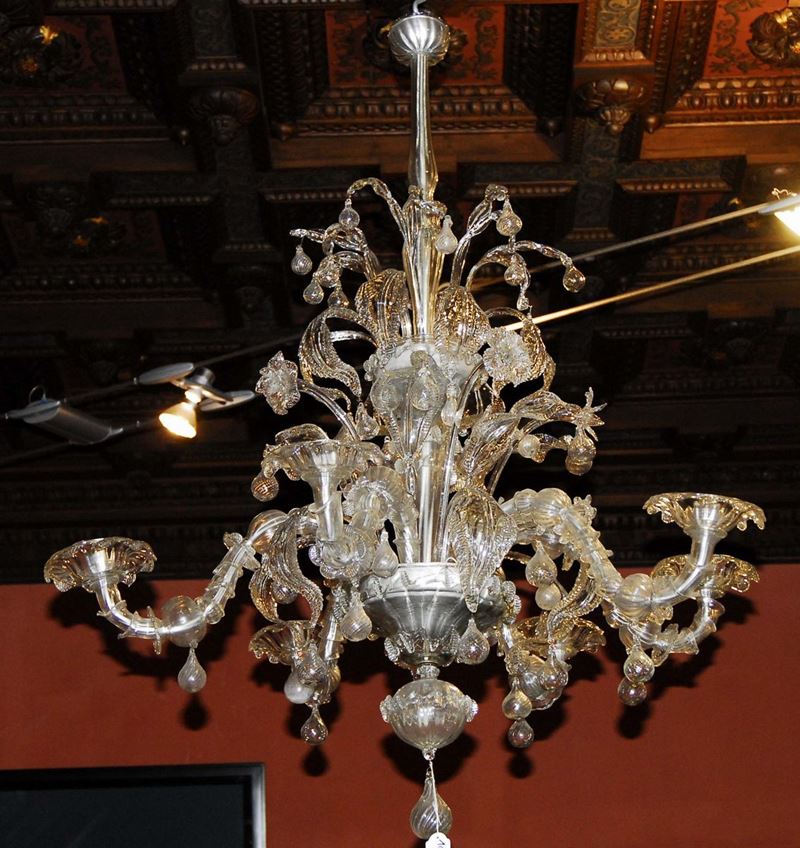 Lampadario di Murano a sei luci in vetro incolore, XX secolo  - Auction OnLine Auction 04-2012 - Cambi Casa d'Aste