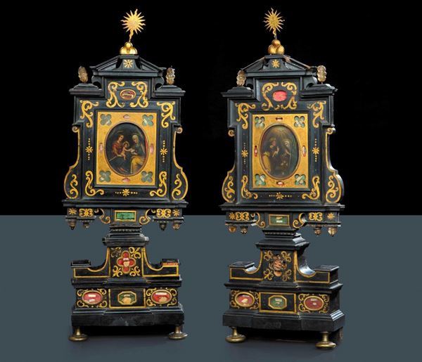Coppia di reliquiari in legno ebanizzato, metallo dorato e cristallo di rocca, Toscana inizi XVIII secolo