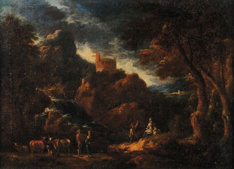 Scuola Italiana del XVIII secolo Paesaggio boscoso con figure  - Asta Antiquariato e Dipinti Antichi - Cambi Casa d'Aste