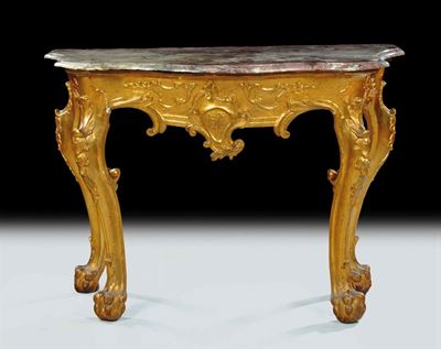 Console Luigi XV Dorata con Piano in Marmo Fior di Pesco, Toscana Metà XVIII Secolo