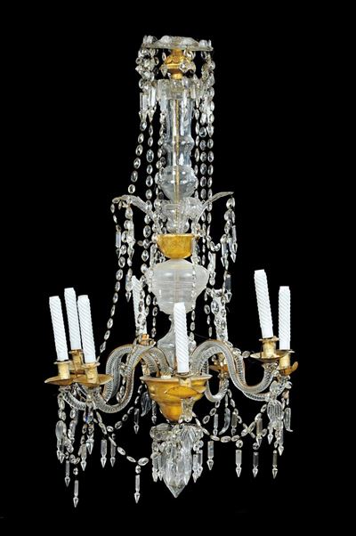 Lampadario in Legno Dorato e Cristalli a Otto Luci, Toscana Fine XVIII Secolo