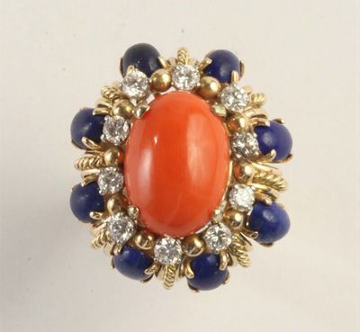 Anello con Corallo, Lapislazzuli e Diamanti