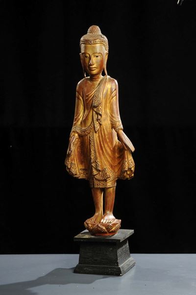Statua Tibetana in Legno Intagliato Raffigurante Divinità, XX Secolo