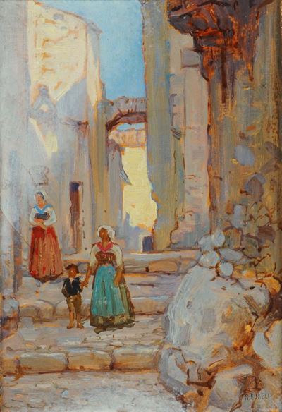 Raniero Aureli (1882-1953)scorcio di Paese con Contadini