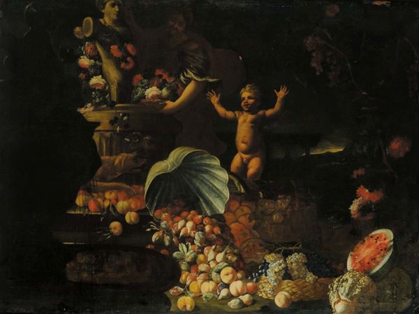 Alberto Lionelli (XVII-XVIII) Natura morta con figure, trionfi di frutta e  fiori su sfondo di paesag [..]