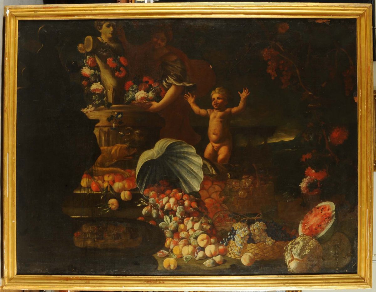 Alberto Lionelli (XVII-XVIII)natura Morta con Figure, Trionfi di Frutta e Fiori su Sfondo di Paes...