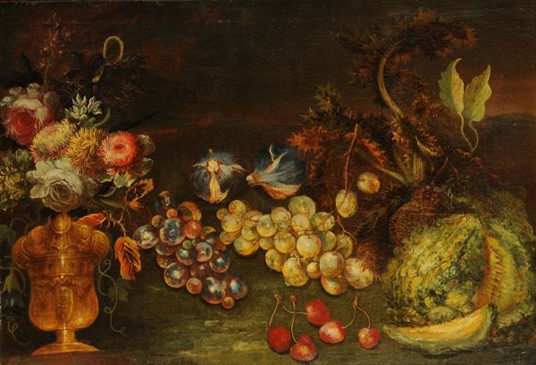 Scuola Italiana del XIX secolo Natura morta con fiori e frutta