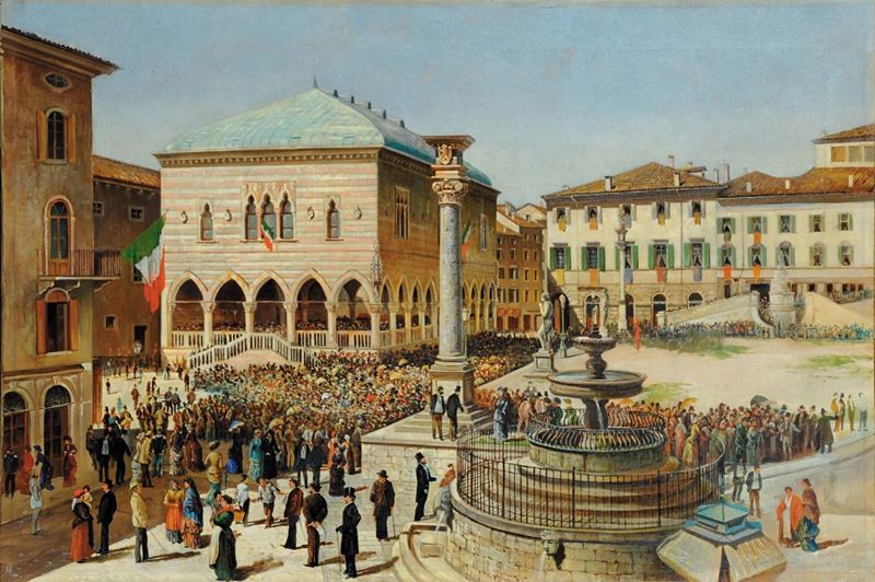 Anonimo del XIX secolo Piazza Contarena di Udine con festa popolare  - Asta Dipinti del XIX e XX secolo - II - Cambi Casa d'Aste