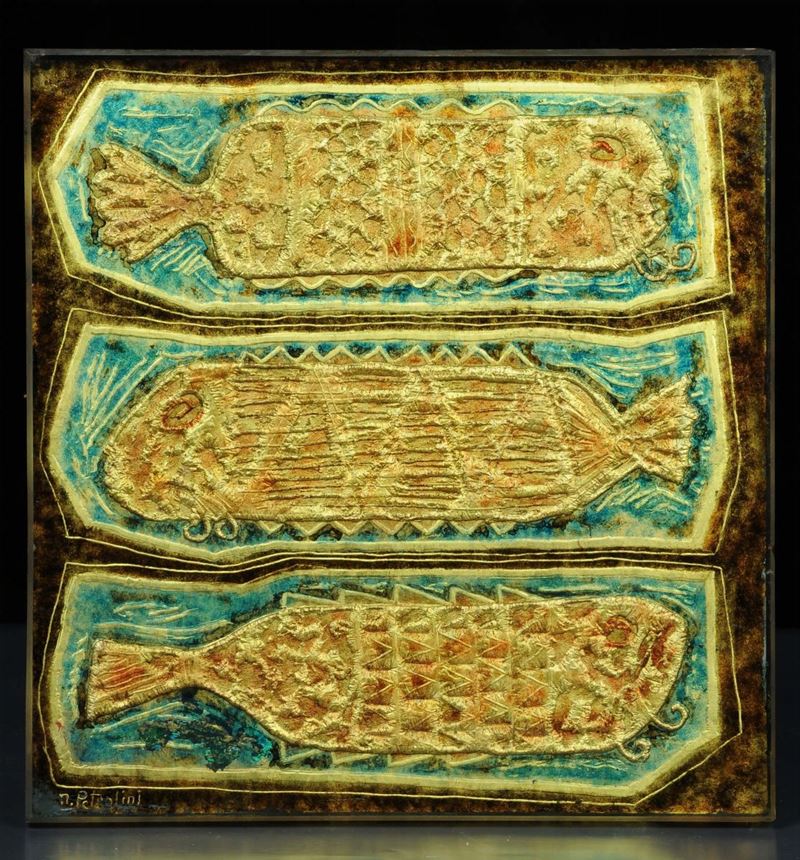 Formella in vetro con pesci stilizzati, XX secolo  - Asta Antiquariato e Dipinti Antichi - Cambi Casa d'Aste
