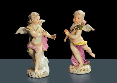 Due Putti Alati in Porcellana, Meissen Fine XVIII Secolo