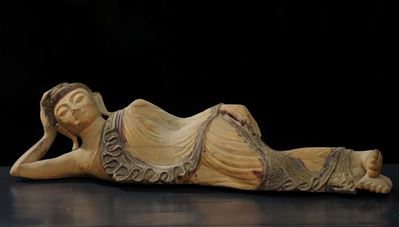 Buddha Dormiente in Legno, Birmania XX Secolo