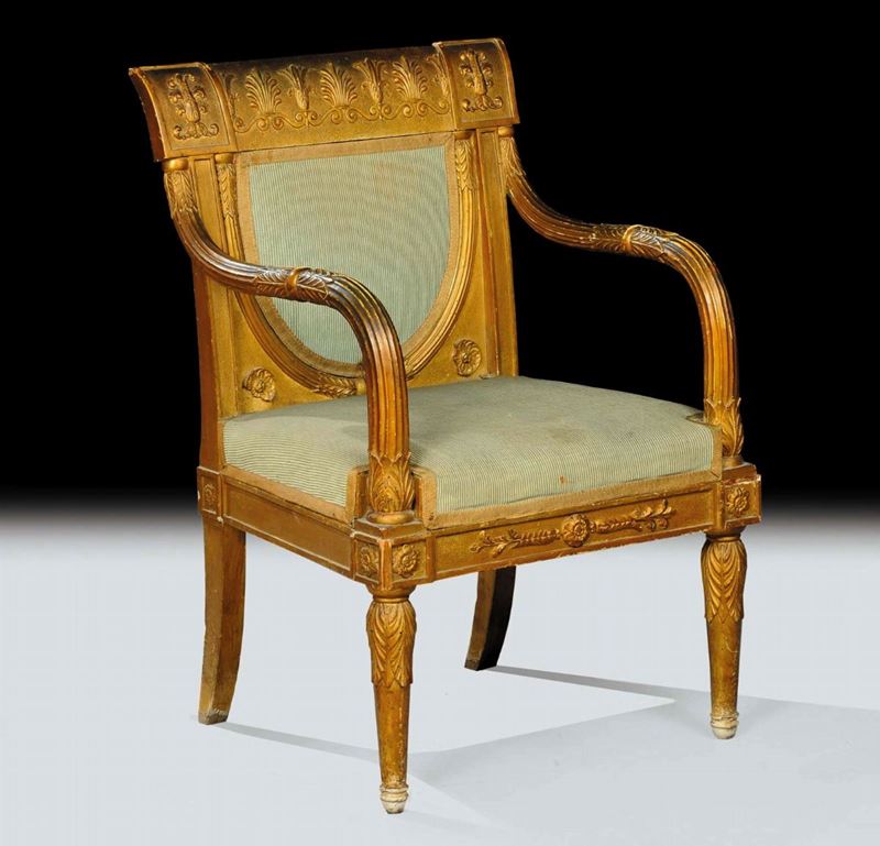 Poltrona Impero in legno intagliato e dorato, XIX secolo  - Auction Antiquariato e Dipinti Antichi - Cambi Casa d'Aste