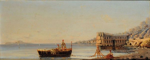 Gabriele Carelli (1820-1900) Veduta costiera con pescatoriVeduta costiera con pescatori