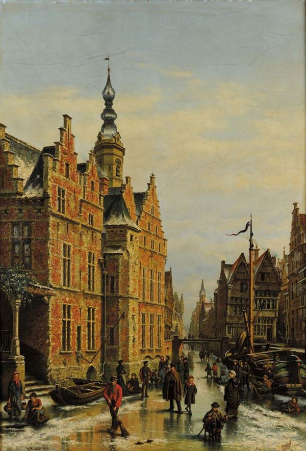 Victor Vervloet (1829-1904) Veduta di cittˆ fiamminga, 1884