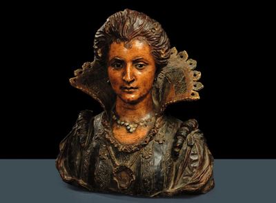 Busto in Terracotta Policroma Raffigurante Nobildonna, XIX Secolo