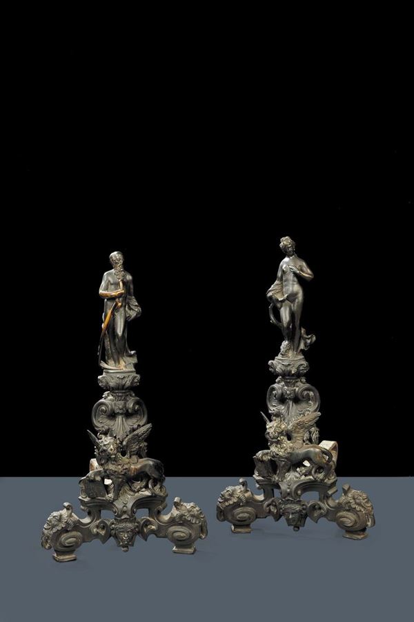 Alari da camino in bronzo brunito, manifattura Padovana del XVI secolo