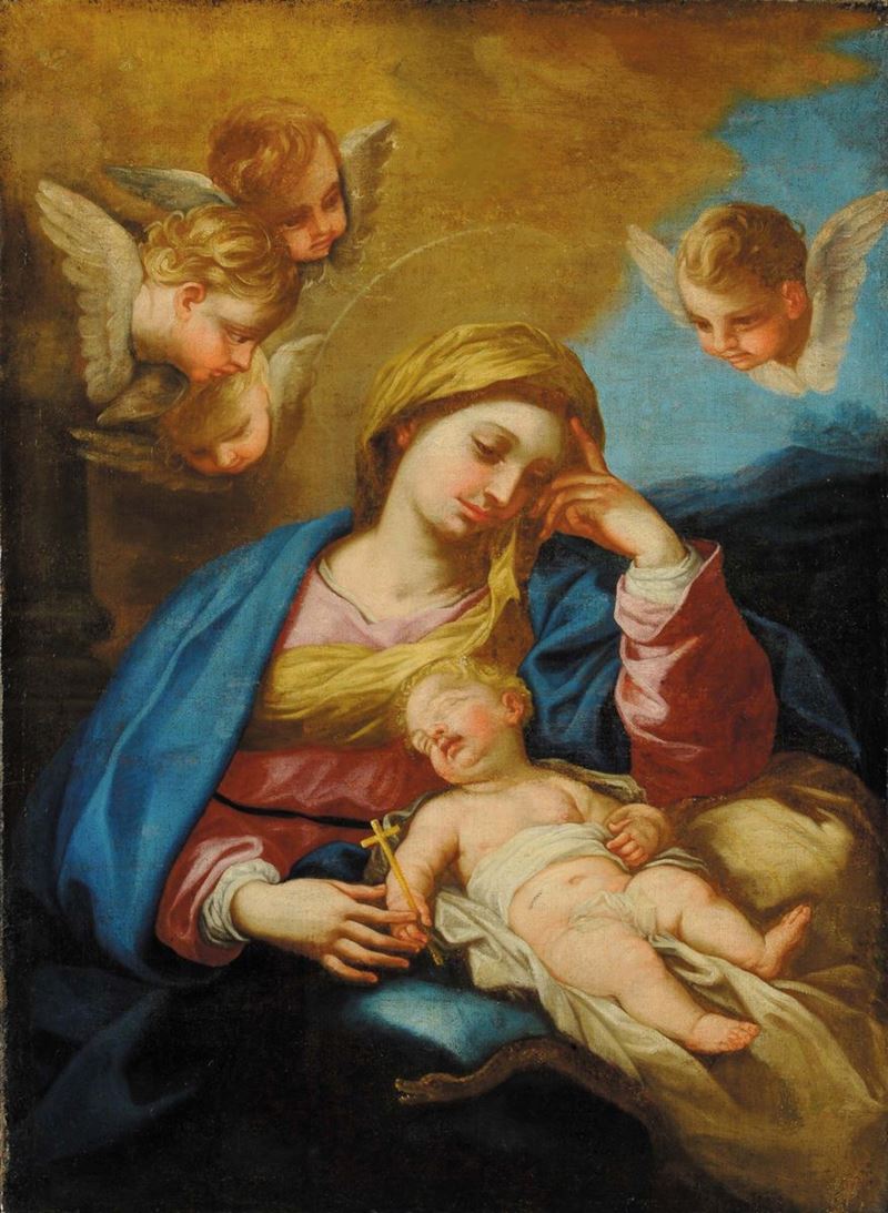 Luca Giordano (1634-1705), attribuito a Madonna con Bambino e teste di Cherubino  - Asta Antiquariato e Dipinti Antichi - Cambi Casa d'Aste