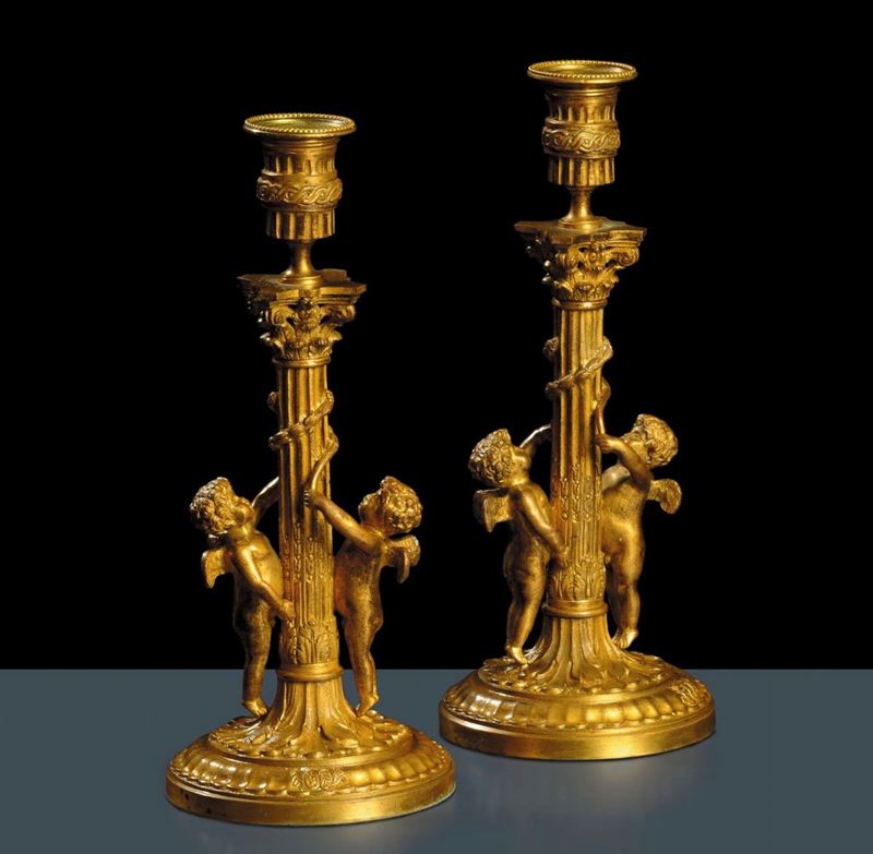 Coppia di candelieri Luigi XVI in bronzo dorato, XIX secolo  - Auction Antiquariato e Dipinti Antichi - Cambi Casa d'Aste