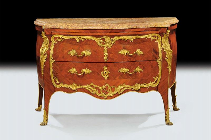 Com˜ Luigi XV a due cassetti interamente lastronato a marquetterie con bronzi dorati, Francia XIX secolo  - Auction Antiquariato e Dipinti Antichi - Cambi Casa d'Aste