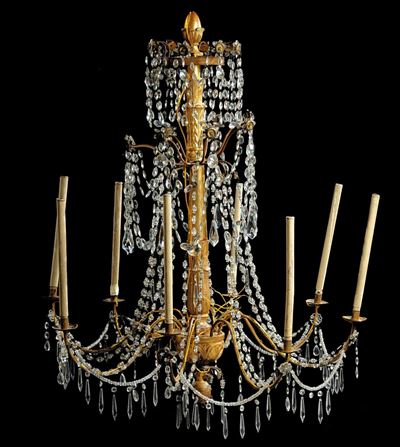 Coppia di Lampadari Luigi XVI a Otto Luci in Legno Intagliato e Dorato, Genova XVIII Secolo