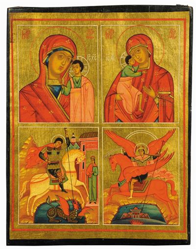 Icona Quadripartita Raffigurante Madre di Dio, S. Giorgio e Arcangelo Michele, XIX Secolo