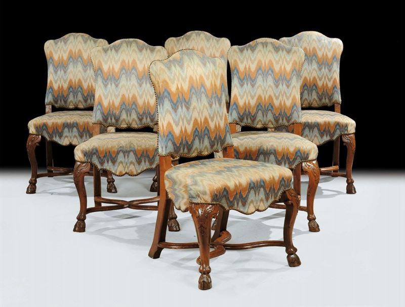 Sei sedie intagliate in noce, Roma metˆ XVIII secolo  - Auction Antiquariato e Dipinti Antichi - Cambi Casa d'Aste