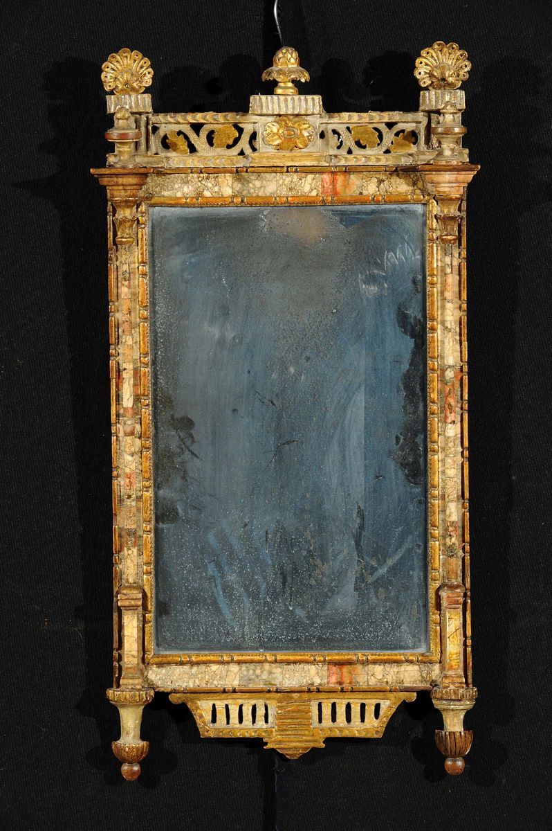 Specchierina in legno intagliato e dorato con applicazione di marmi policromi, XIX secolo  - Auction Antiquariato e Dipinti Antichi - Cambi Casa d'Aste