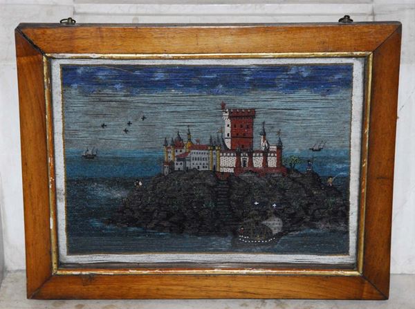 Composizione in perline policrome raffigurante castello sul mare