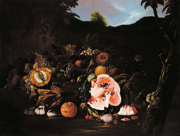 Scuola del XVII secolo Natura morta con angurie e zucche