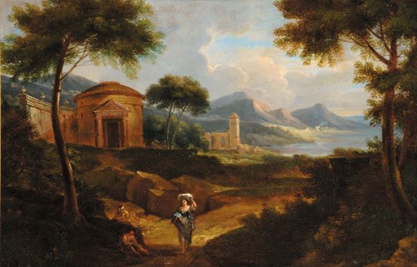 Scuola Romana del XVIII secolo Paesaggio con figure