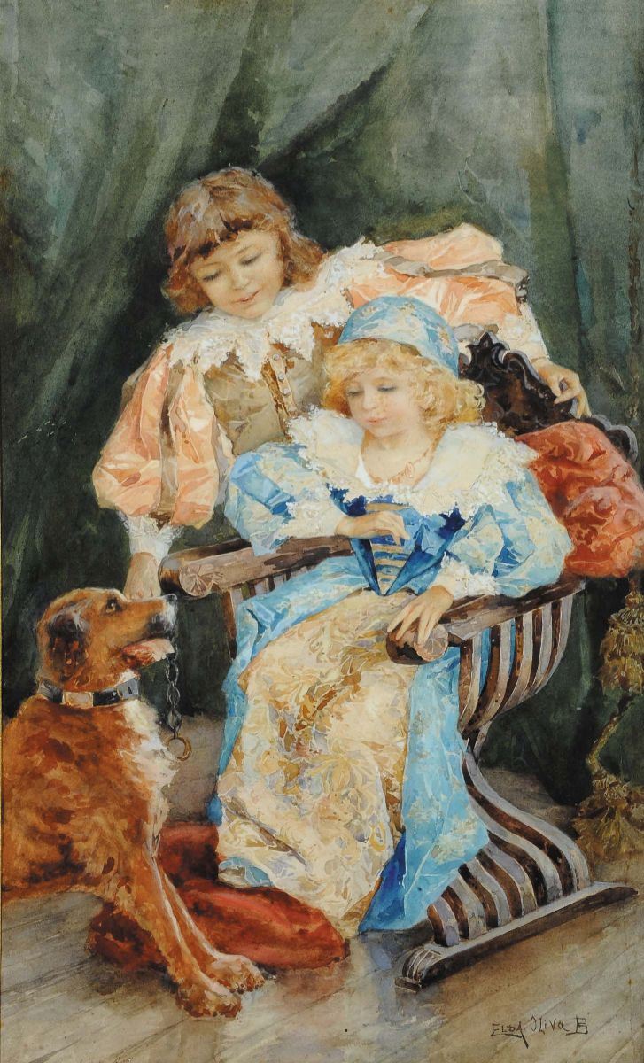 Elda Oliva Borzino (1863-1927) Bambine con cane  - Asta Antiquariato e Dipinti Antichi - Cambi Casa d'Aste