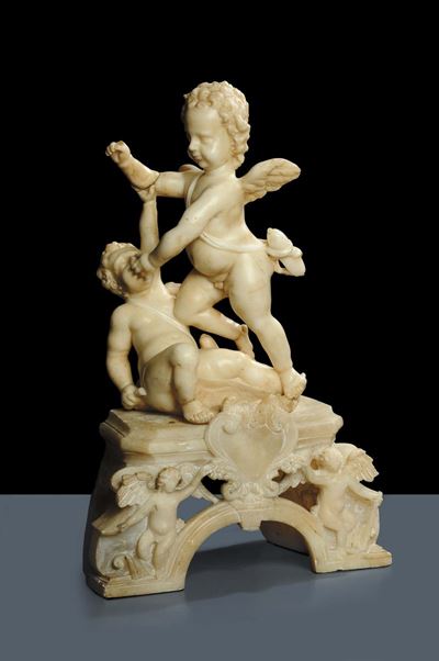 Gruppo in Alabastro Raffigurante Due Putti che Giocano, XVIII Secolo